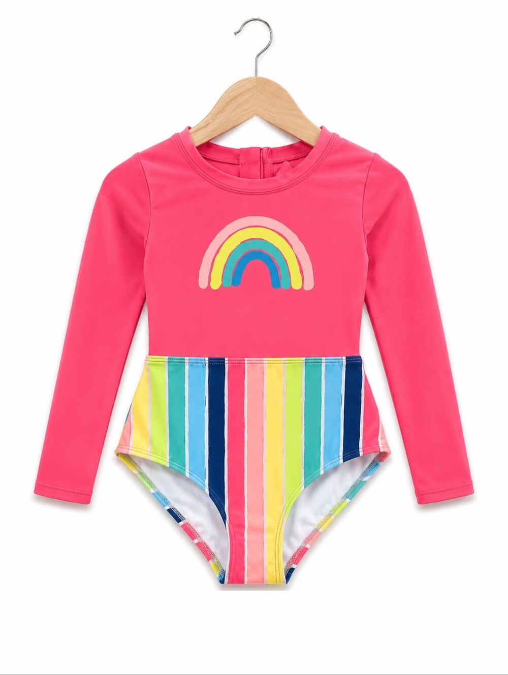 Cat & Jack Pink Long-Sleeve Rainbow One-Piece Rashguard Swimsuit
